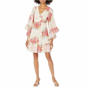 Betsey Johnson Ivory Rose Boho Bell Sleeve V-Neck Floral Ruffle Dress Size 8